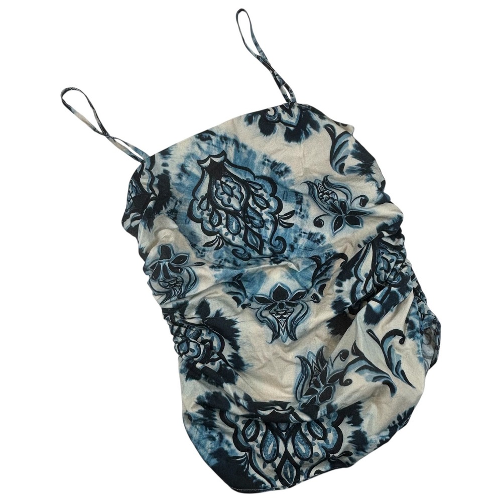 Zara Women M Ruched Sides Cami Top Blue & White Paisley Square Neck Side Zip New